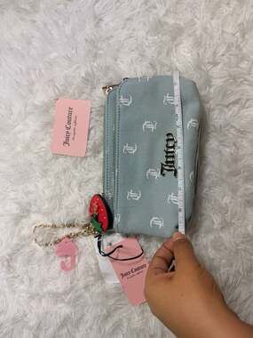 Juicy Couture Denim Monogram Double Zip Wallet with Strawberry Charm